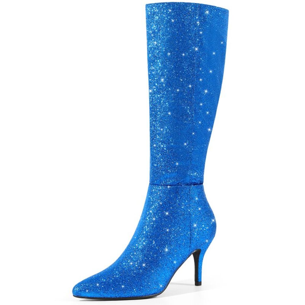 Pointed Toe Sparkly Boot Stiletto Heel Glitter Knee High Boots Blue